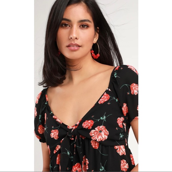 Black floral print tie front mini dress - Picture 3 of 5